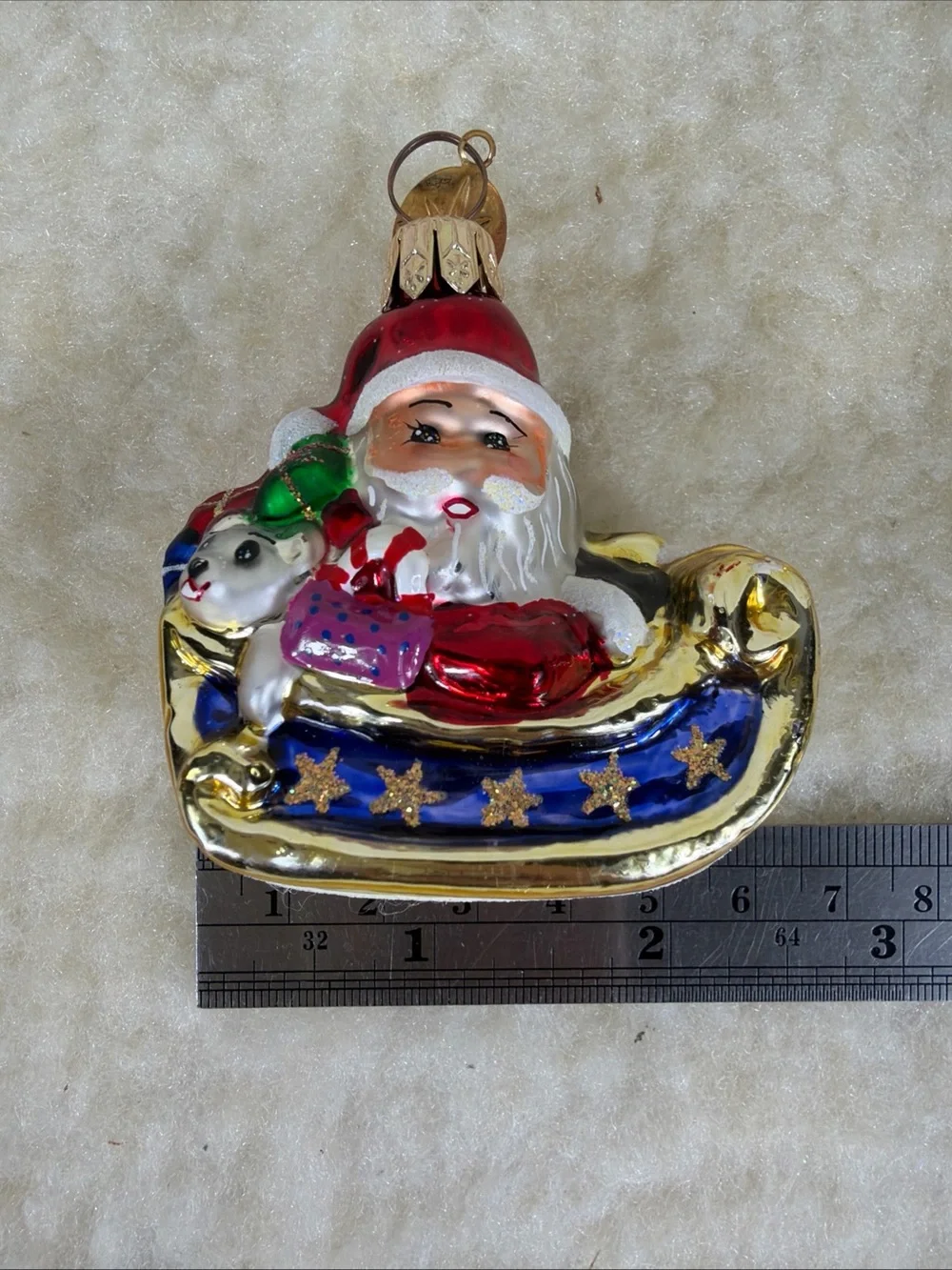 Vtg Christopher Radko Glass Santa in Gold Sleigh Holiday Ornament